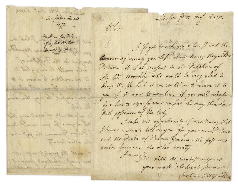 Sir Joshua Reynolds Autograph Letter Signed -- Reynolds Corresponds With a Patron (Likely Sir William Hamilton) in 1772, Asking for Payment of 32 Guineas for Two Paintings
