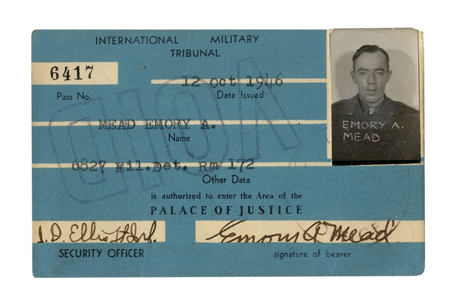 Nuremberg Trials Pass for The Palace of Justice -- Rare Soldier's Pass Issued to U.S. Lt. Colonel Emory Mead, Who Guarded the War Criminals