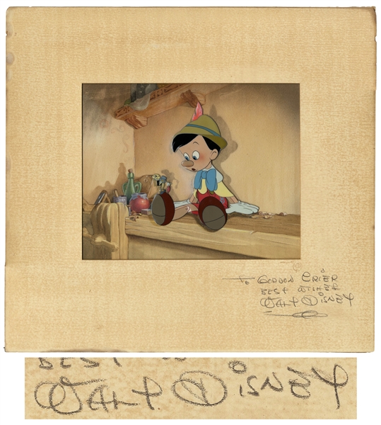 Walt Disney Signed Original Pinocchio Cel Featuring Pinocchio and Jiminy Cricket on Original Background -- Signed Mat Measures 15 x 16 -- With Phil Sears COA & Courvoisier Galleries Label