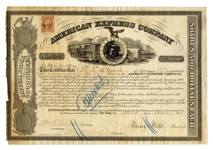 American Express Stock From 1865 Signed by Henry Wells and William Fargo, the 19th Century Businessmen Who Also Created Wells Fargo & Co.