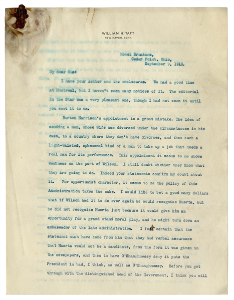Fantastic William Taft Letter Signed Regarding Roosevelt's ''Bull Moose'' Progressive Party, Failings of President Wilson & Mexican President Huerta -- ''...weakness on the part of Wilson...''