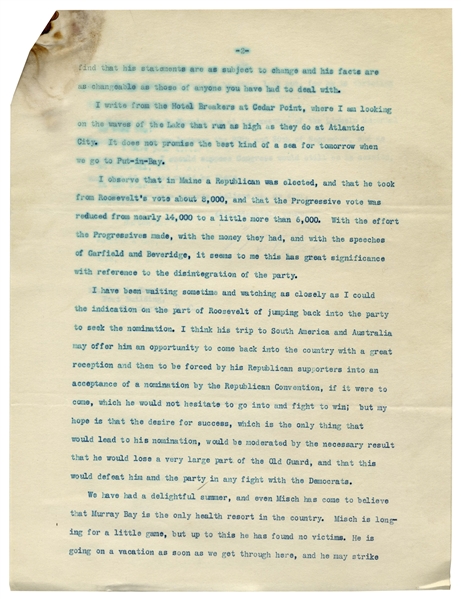 Fantastic William Taft Letter Signed Regarding Roosevelt's ''Bull Moose'' Progressive Party, Failings of President Wilson & Mexican President Huerta -- ''...weakness on the part of Wilson...''