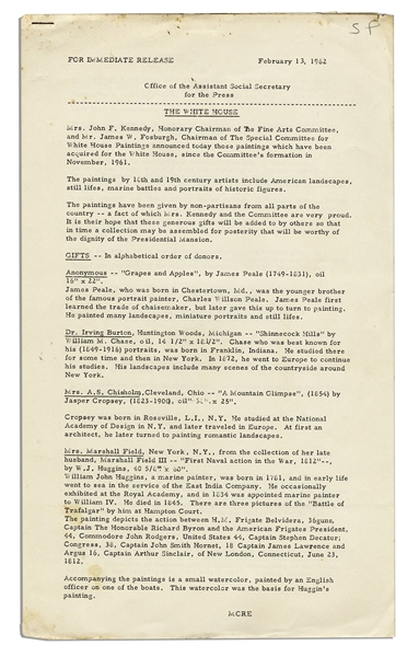 Press Release From 1962 Pertaining to Jackie Kennedy's Famous Renovation of the White House