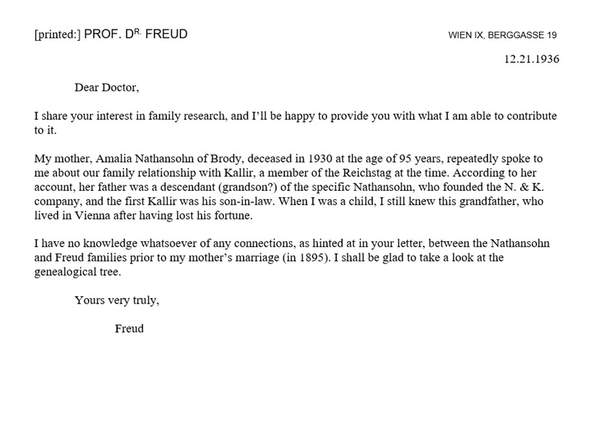 Sigmund Freud 1936 Autograph Letter Signed With Rare Content Regarding His Ancestry -- ''...When I was a child, I still knew this grandfather, who lived in Vienna after having lost his fortune...''