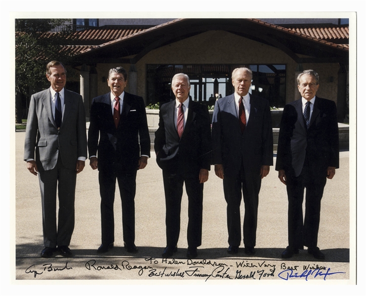 Fantastic Presidential Photo Signed by Five Presidents: Ronald Reagan, George H.W. Bush, Jimmy Carter, Richard Nixon & Gerald Ford -- With University Archives COA