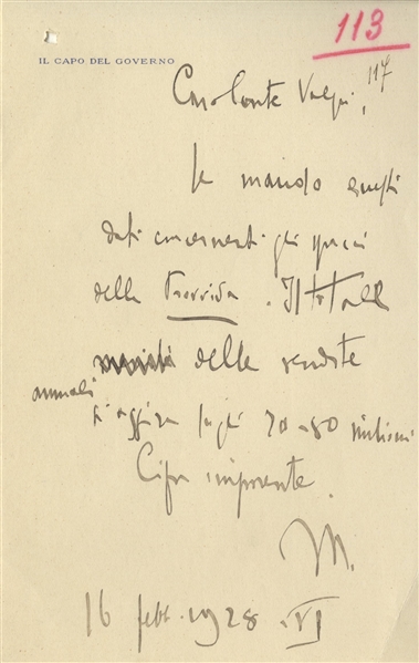 Lot Detail - Benito Mussolini Autograph Letter Signed