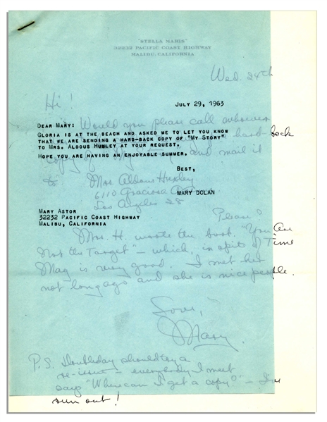Oscar Winning Actress Mary Astor Autograph Letter Signed -- She Asks Her Agent to Send a Copy of Her Autobiography ''My Story'' to a Friend