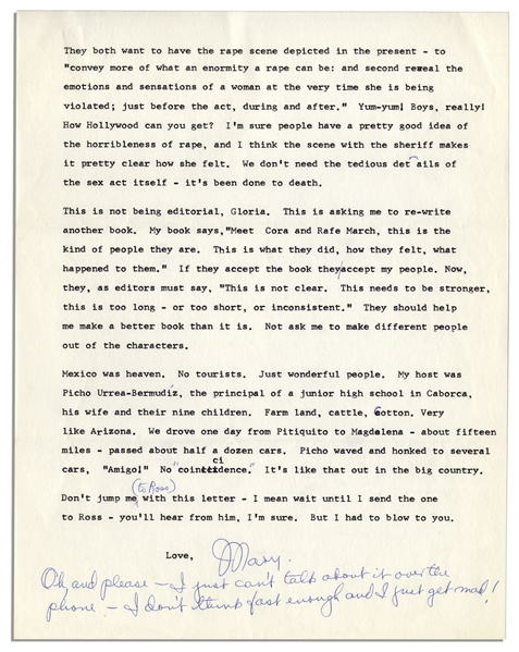 Mary Astor Letter Signed to Her Agent, With a Heated 3pp. Response to Her Editor's Notes on Her Book ''A Place Called Saturday'' -- Also With Autograph Note Signed About How Mad She Is