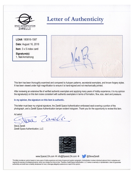 Neil Armstrong Signature, With NASA Photo of Armstrong -- With Steve Zarelli COA