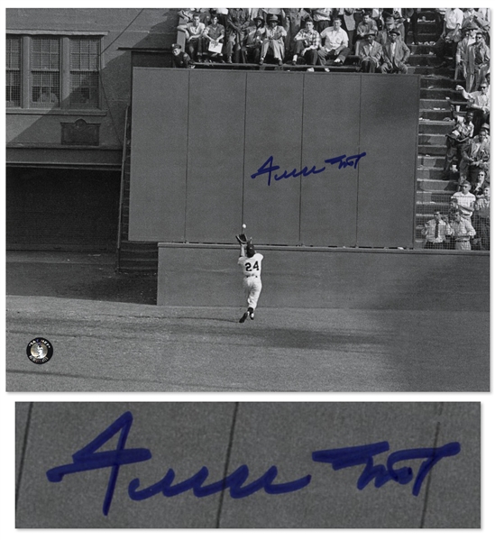 Famous World Series Photo From 1954, ''The Catch'' Signed by Willie Mays -- 10'' x 8'' Photo in Near Fine Condition -- With ''Say Hey'' Authentication