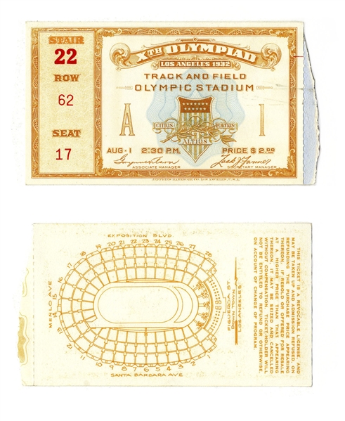 1932 Summer Olympics Ticket to Track & Field Event
