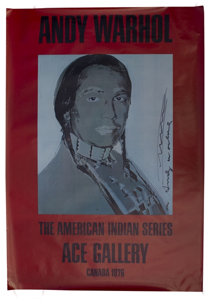 Andy Warhol Signed 50'' x 35'' Poster, With Hand-Drawn River, From His ''American Indian'' Series -- Here Featuring Activist Russell Means, a Leader at Wounded Knee