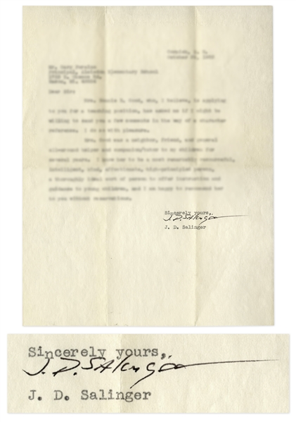 J.D. Salinger Letter Signed -- Salinger Recommends ''Bonnie B. Good'' for a Teaching Position