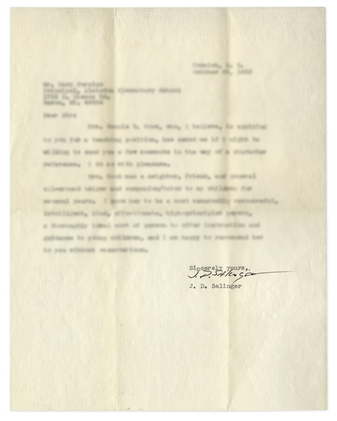 J.D. Salinger Letter Signed -- Salinger Recommends ''Bonnie B. Good'' for a Teaching Position
