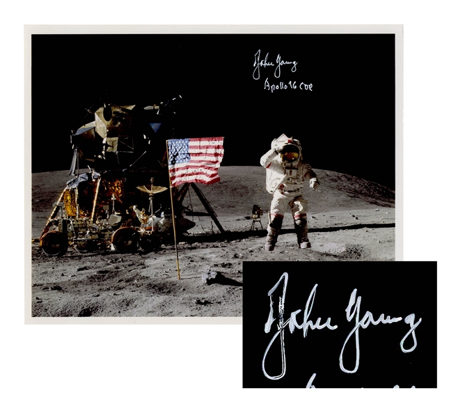 John Young Signed 10'' x 8'' Photo of Him Standing on the Moon -- With Steve Zarelli COA