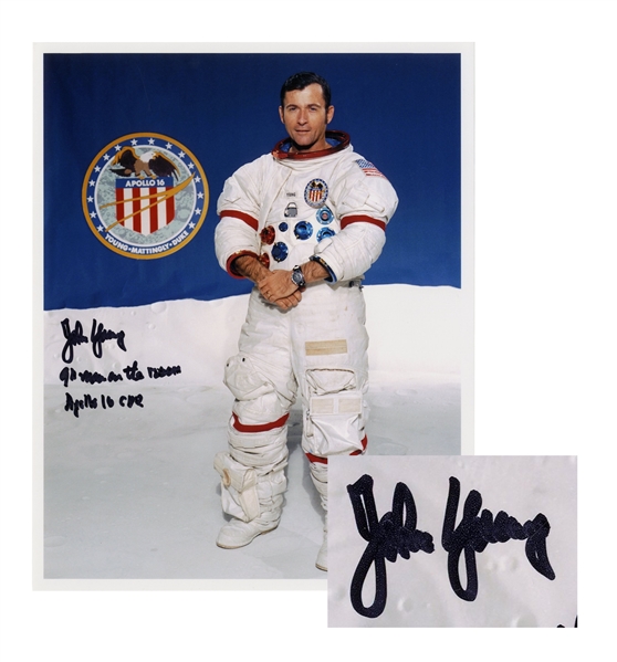 John Young Signed 8'' x 10'' Photo in His White Spacesuit -- ''9th man on the moon'' -- With Steve Zarelli COA