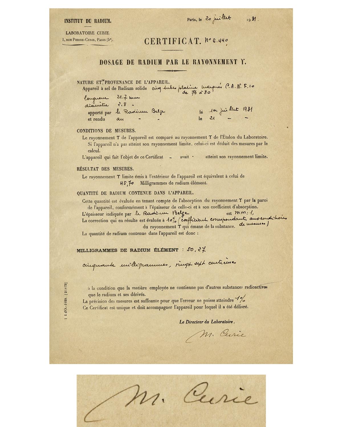 Lot Detail - Scarce Marie Curie Signed Document From Her ''Institut du ...