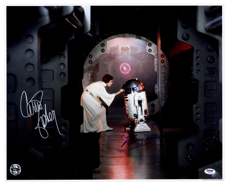 Star Wars Signed 20'' x 16'' Photo by Carrie Fisher and Kenny Baker, Who Portrayed R2-D2 -- With PSA/DNA COA