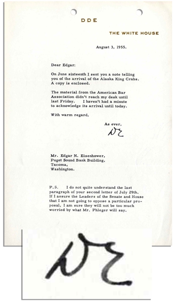 Dwight Eisenhower Presidential Typed Letter Signed -- ''...I sent you a note telling you of the arrival of the Alaska King Crabs...'' -- 1955