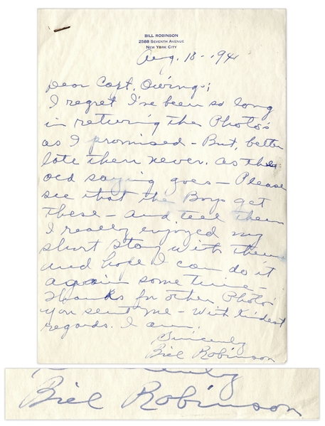 Bill ''Bojangles'' Robinson Autograph Letter Signed -- Robinson Writes to a Captain in the Army During WWII, ''...Please see that the Boys get these...''