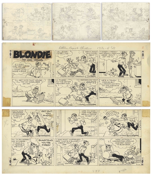 Chic Young Hand-Drawn ''Blondie'' Sunday Comic Strip From 1969 -- With Young's Original Draft Artwork & Description of the Action in Each Panel