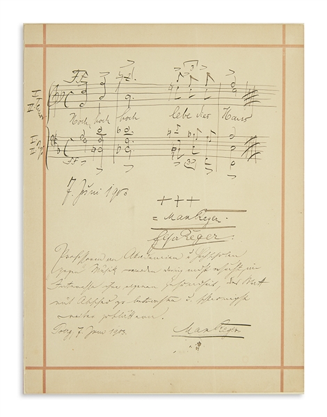 Max Reger Autograph Musical Quotation Signed, Plus Handwritten Note Signed -- ''...regard this page with aversion and to turn to another page at once...''