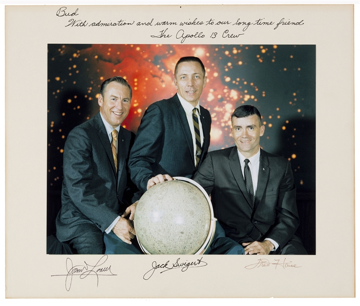 Apollo 13 Large 14'' x 11'' Color Photo, Crew-Signed on the Presentation Mat & Inscribed by Jack Swigert to Houston Oilers Owner Bud Adams