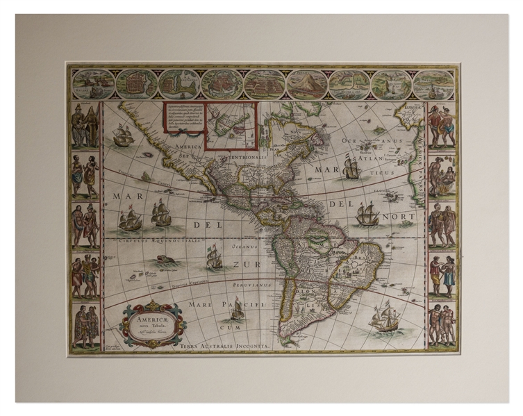 17th Century Hand-Colored Map of the Americas by Noted Cartographer Willem Blaeu -- Entitled ''A New Map of America''