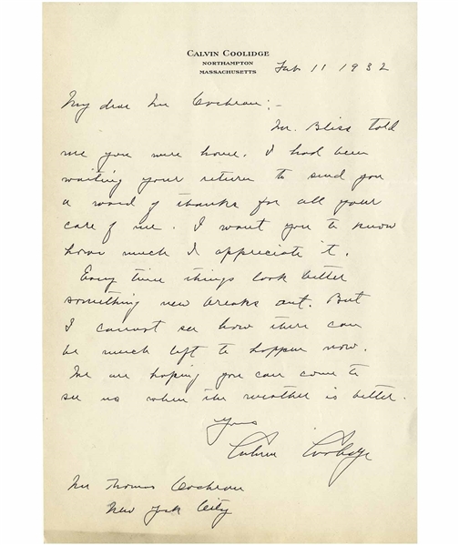 Calvin Coolidge Autograph Letter Signed to Thomas Cochran Who Helped Coolidge Gain National Prominence in 1920