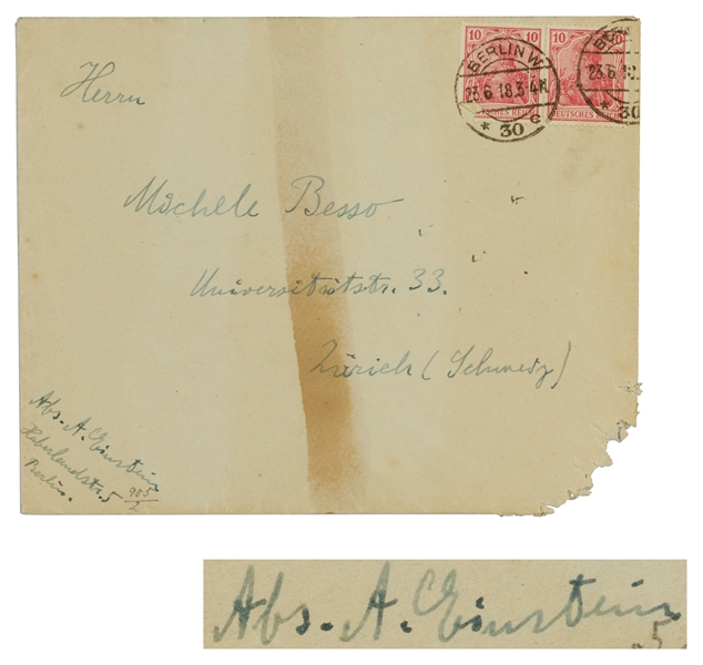 Albert Einstein Envelope Signed From 1918 to His Closest Friend Michele Besso -- With World War I Censor Paste