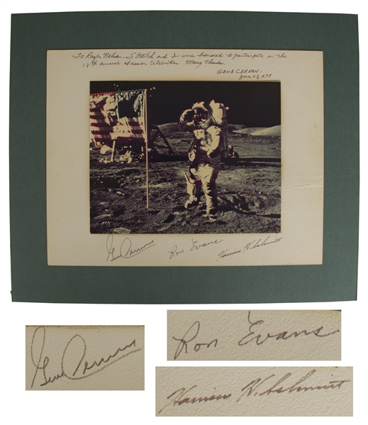 Apollo 17 Photo Display Signed by Gene Cernan, Ron Evans and Harrison Schmitt -- Measures 14'' x 11''