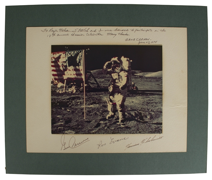 Apollo 17 Photo Display Signed by Gene Cernan, Ron Evans and Harrison Schmitt -- Measures 14'' x 11''