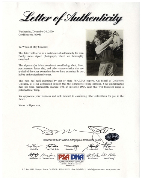 Bobby Jones Signed 8'' x 10'' Photo -- With PSA/DNA COA