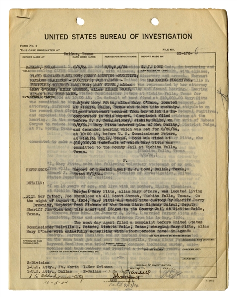 FBI Document From 1934, With Statement of Fugitive Marry O'Dare, on Harboring Bonnie & Clyde -- ''...Bonnie Parker was drunk and had passed out, and I did not meet her until that same night...''
