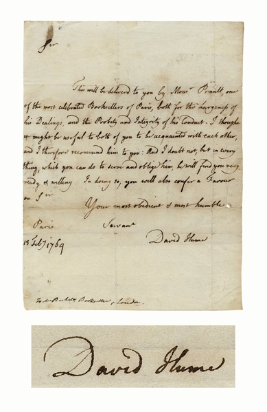 Scarce David Hume Autograph Letter Signed -- ''...one of the most celebrated Booksellers of Paris...''