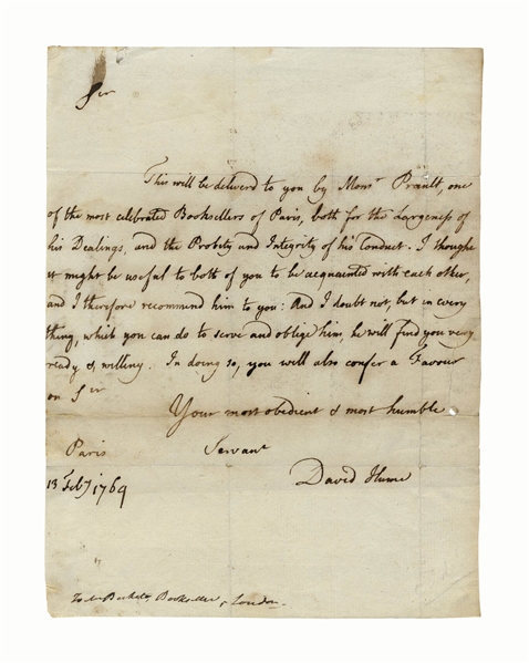 Scarce David Hume Autograph Letter Signed -- ''...one of the most celebrated Booksellers of Paris...''