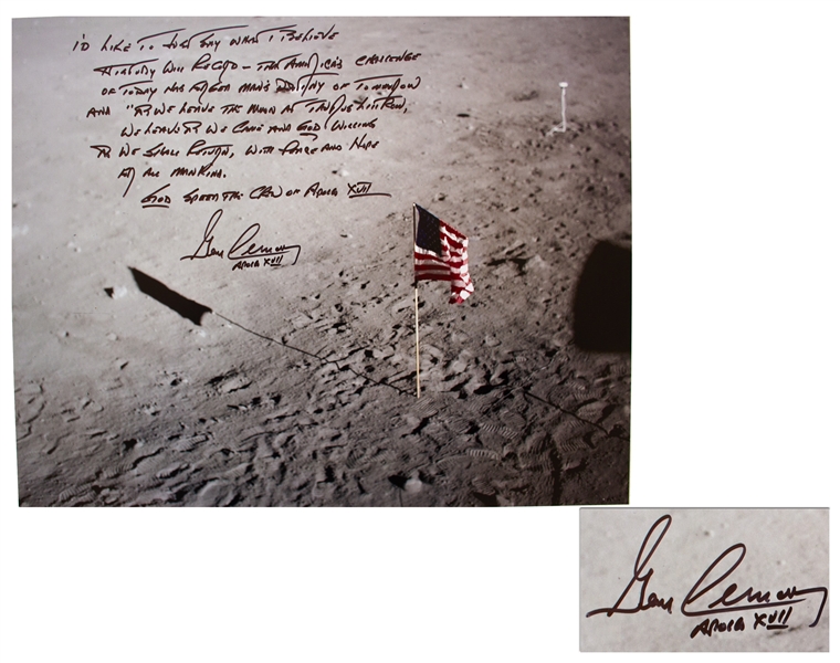 Gene Cernan Signed 20'' x 16 Photo with Extensive Handwritten Quote -- ''America's challenge of today has forged man's destiny of tomorrow''