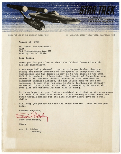 Gene Roddenberry Letter Signed Regarding ''Star Trek'' -- ''...on the spread of cheap STAR TREK hucksterism and the damage it may do...the name Timothy Leary gave me a real chill...''