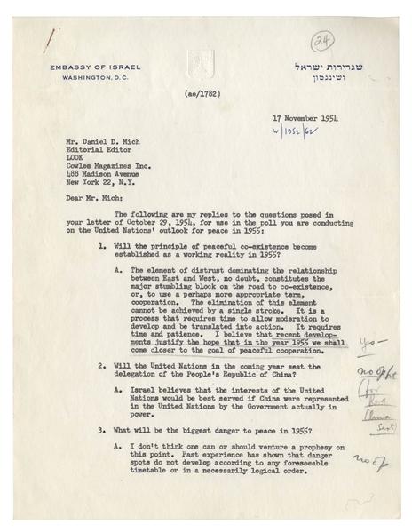 Israeli Ambassador Abba Eban 1954 Letter Signed With Fantastic Content on Global Tensions & World Peace -- ''...The element of mistrust dominating the relationship between East and West...''