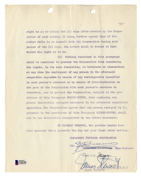 James Stewart Signed Contract for ''Strategic Air Command'' -- With Beckett COA