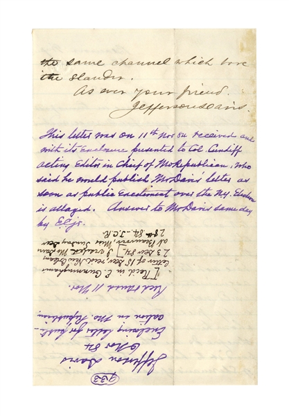 Jefferson Davis Autograph Letter Signed in Response to General William Sherman Calling Him a Conspirator -- ''...Sherman's speech...which bore the slander...''