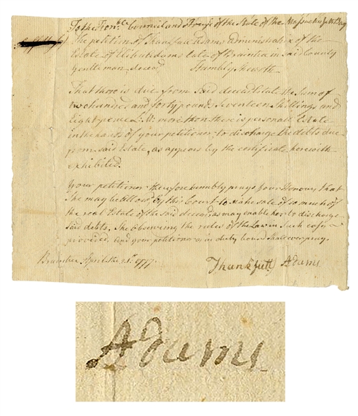 John Adams Family Document -- Regarding Debts Due From the Estate of Elihu Adams, John Adams' Brother