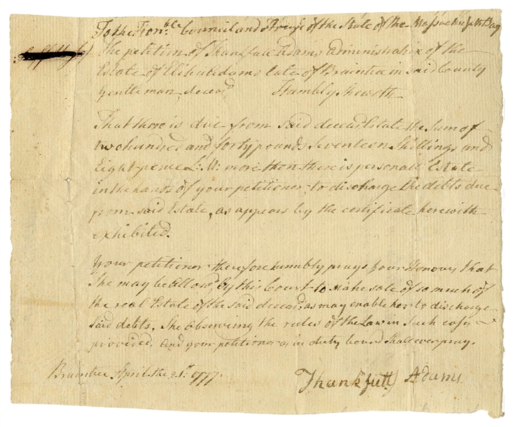 John Adams Family Document -- Regarding Debts Due From the Estate of Elihu Adams, John Adams' Brother