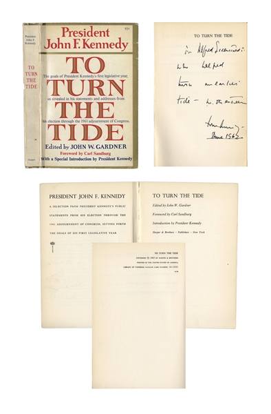 John F. Kennedy Signed Book as President -- JFK Inscribes ''To Turn the Tide'' to Photographer Alfred Eisenstaedt ''...who helped turn an earlier tide...'' -- With Slide Photo of JFK Signing