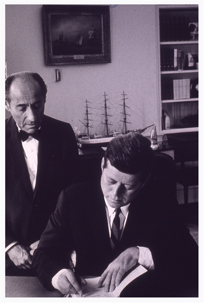 John F. Kennedy Signed Book as President -- JFK Inscribes ''To Turn the Tide'' to Photographer Alfred Eisenstaedt ''...who helped turn an earlier tide...'' -- With Slide Photo of JFK Signing
