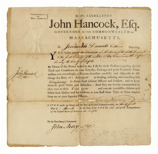 John Hancock Military Appointment Signed as Governor of Massachusetts