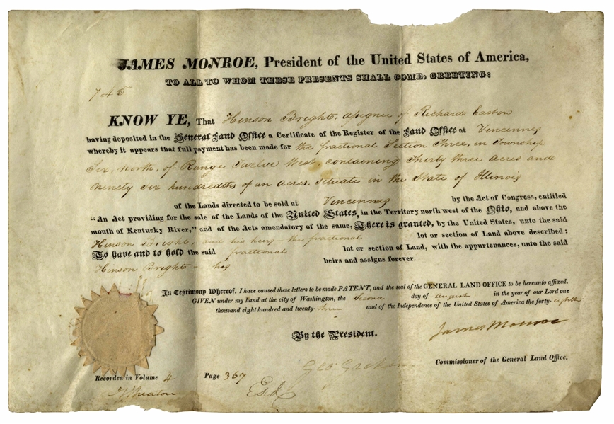 James Monroe Land Grant Signed as President