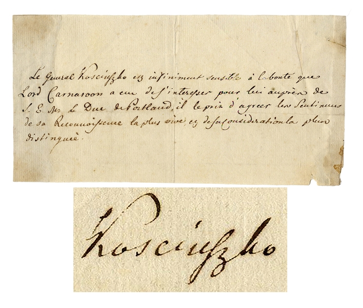 Tadeusz Kosciuszko Autograph Letter Signed -- ''...The General Kosciuszko is extremely sensitive to Lord Carnarvon's kindness...''