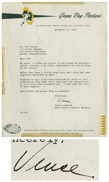Vince Lombardi Letter Signed From 1965 as Coach of the Green Bay Packers -- ''...Things have been a little rough here and I have had some important decisions to make...''