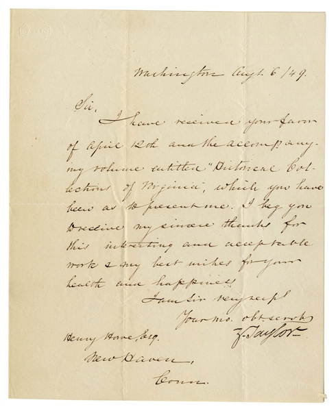 Zachary Taylor Letter Signed as President With Virginia Reference -- Taylor Was President for Only 16 Months